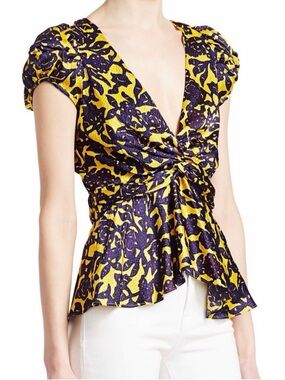 A.L.C. Knot-Front Floral Peplum Top in Yellow & Purple - size 6 and 8